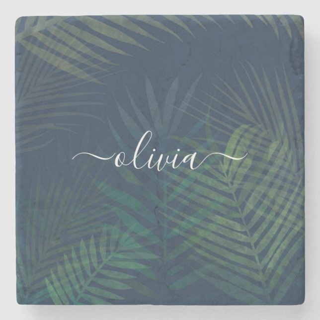 Dark green palms leaves pattern stone coaster (Front)