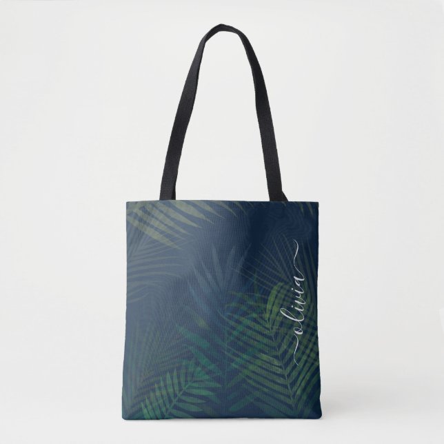 Dark green palms leaves pattern tote bag (Front)