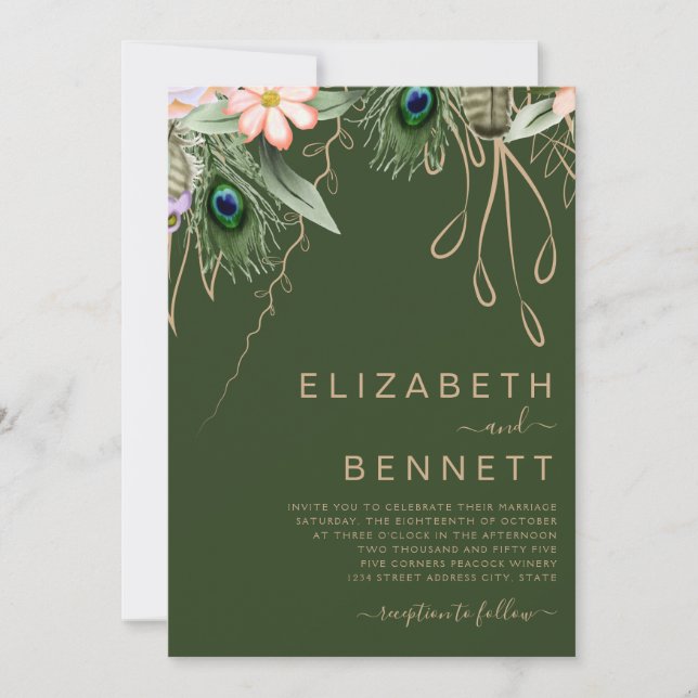 Dark Green Peacock Feather Wedding Invitation (Front)