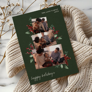 Dark Green Photo Collage with Berries and Greenery Holiday Card
