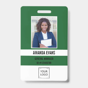 Dark Green Photo Employee Logo or QR CODE Security ID Badge