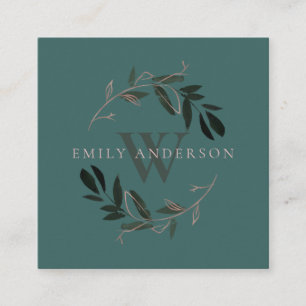 DARK GREEN PINK FAUNA INITIAL WREATH PROFESSIONAL SQUARE BUSINESS CARD
