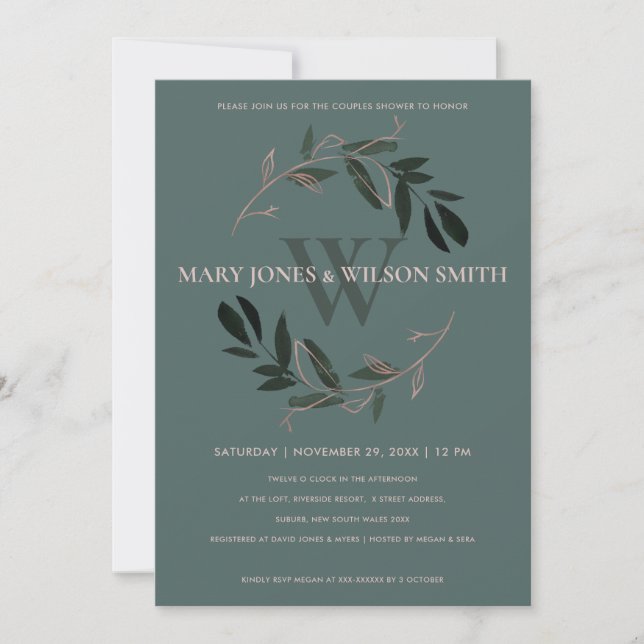 DARK GREEN PINK FOLIAGE WREATH COUPLES SHOWER CARD (Front)