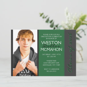 Dark Green & Pinstripe Grey Photo Graduation Invitation