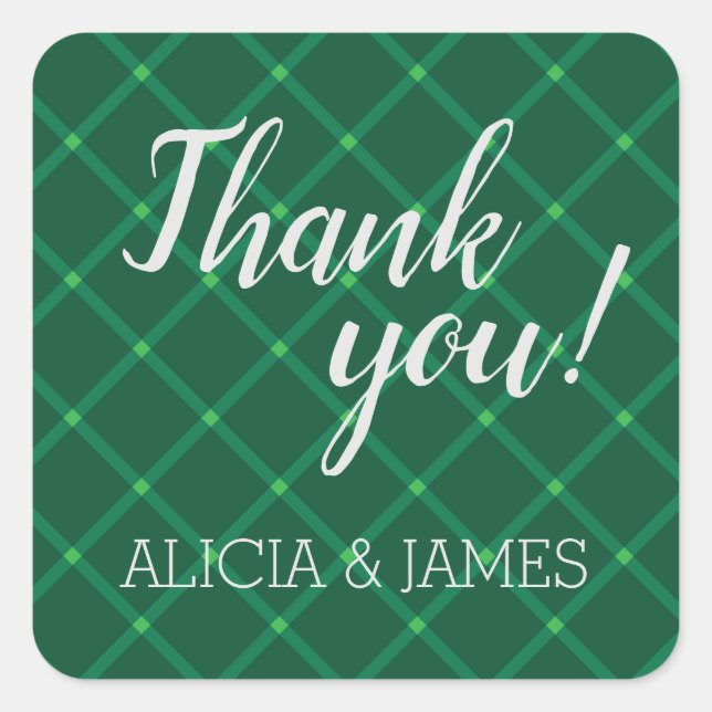 Dark green plaid couple thank you square sticker (Front)