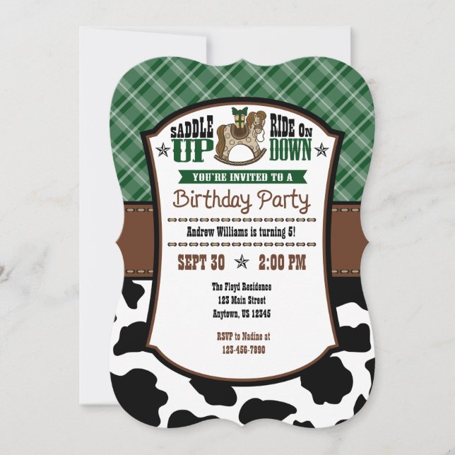 Dark Green Plaid Cowhide Cowboy Birthday Invite (Front)