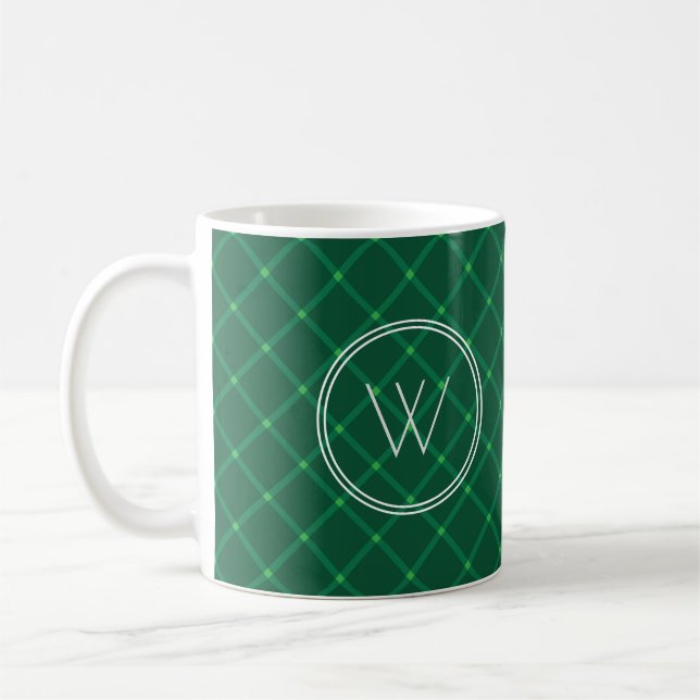 Dark green plaid festive custom monogram  coffee mug (Left)