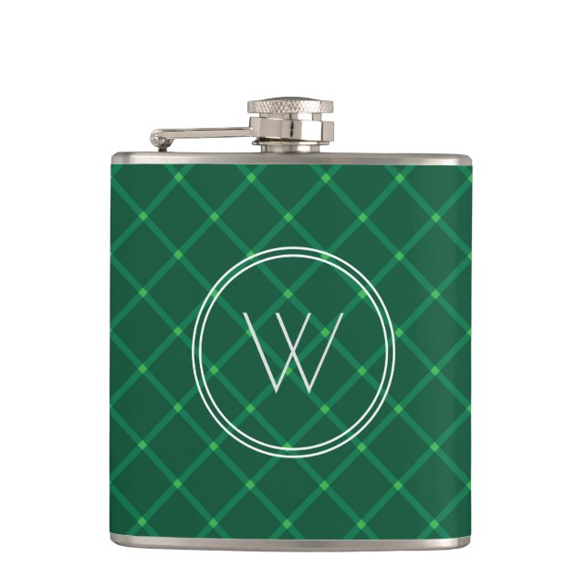 Dark green plaid festive custom monogram hip flask (Front)