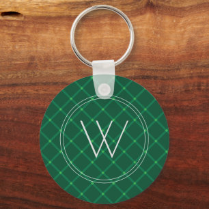 Dark green plaid festive custom monogram  key ring
