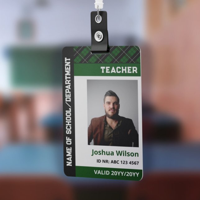 Dark Green Plaid Photo ID School Teacher ID Badge (Creator Uploaded)