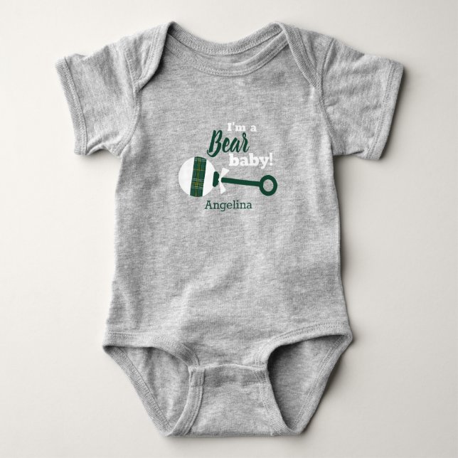 Dark Green Plaid Rattle Bear Baby Bodysuit (Front)
