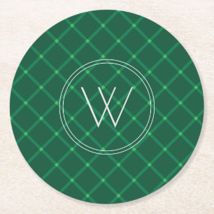Dark green plaid xmas custom monogram round paper coaster