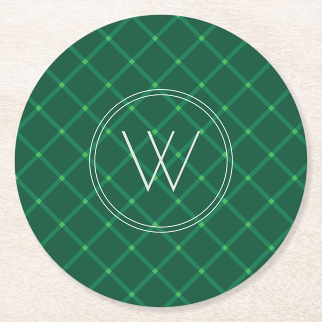 Dark green plaid xmas custom monogram round paper coaster (Front)