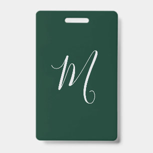 Dark Green Plain Elegant Modern Own Name Monogram ID Badge