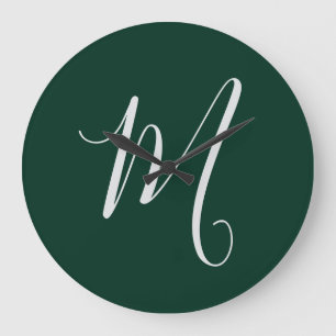 Dark Green Plain Elegant Modern Own Name Monogram Large Clock