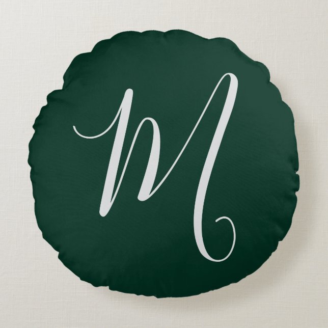 Dark Green Plain Elegant Modern Own Name Monogram Round Cushion (Front)