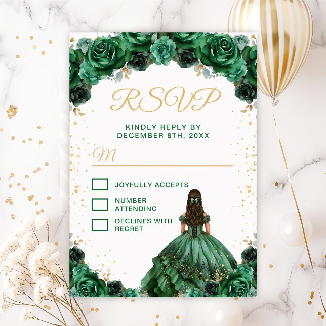 Dark Green Princess Floral Quinceañera RSVP Card (Creator Uploaded)