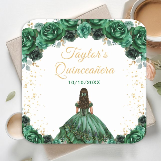 Dark Green Princess Floral Quinceañera Square Paper Coaster (Creator Uploaded)