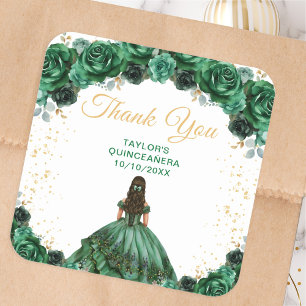 Dark Green Princess Quinceañera Thank You Square Sticker