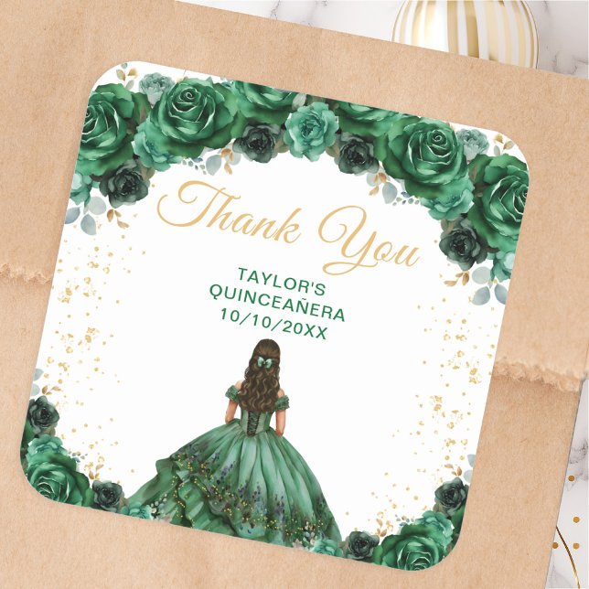 Dark Green Princess Quinceañera Thank You Square Sticker (Creator Uploaded)