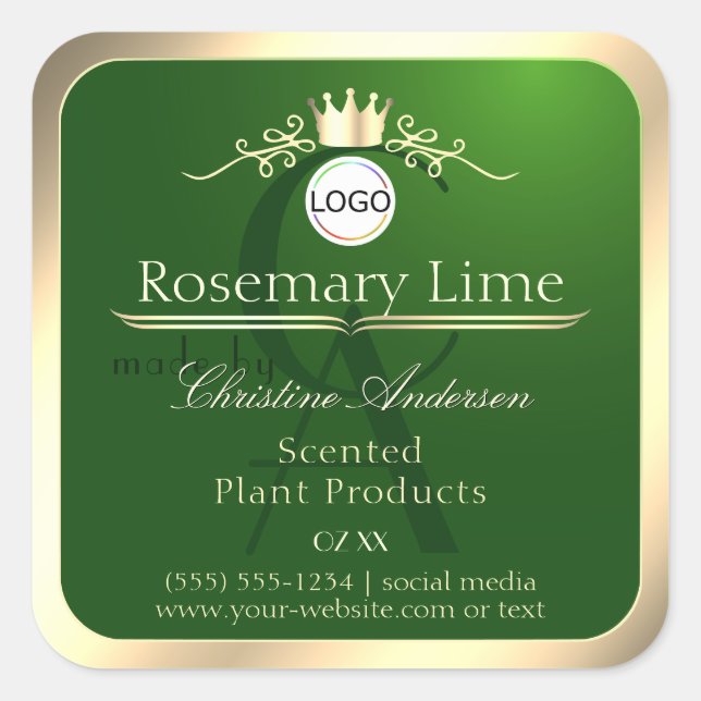 Dark Green Product Label Gold Frame Logo Monogram (Front)