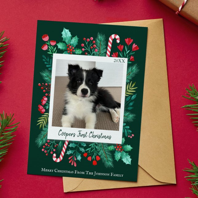 Dark Green Puppy's First Christmas Photo  Holiday Card (Puppy's First Christmas Photo Holiday Card)