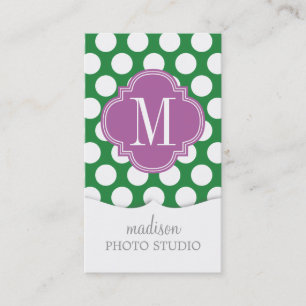 Dark Green & Purple Big Polka Dots Monogrammed Business Card