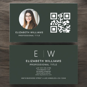Dark Green QR Code Photo Monogram Minimalist Business Card