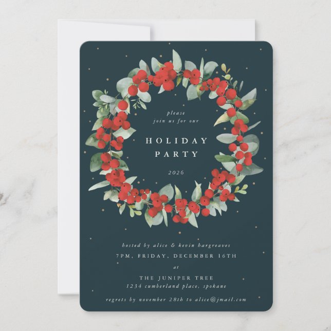 Dark Green Red Berries+Eucalyptus Christmas Party Invitation (Front)
