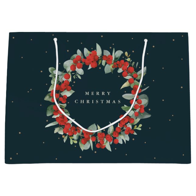 Dark Green Red Berry+Eucalyptus Christmas/Holiday Large Gift Bag (Front)