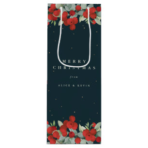 Dark Green Red Berry+Eucalyptus Christmas/Holiday Wine Gift Bag