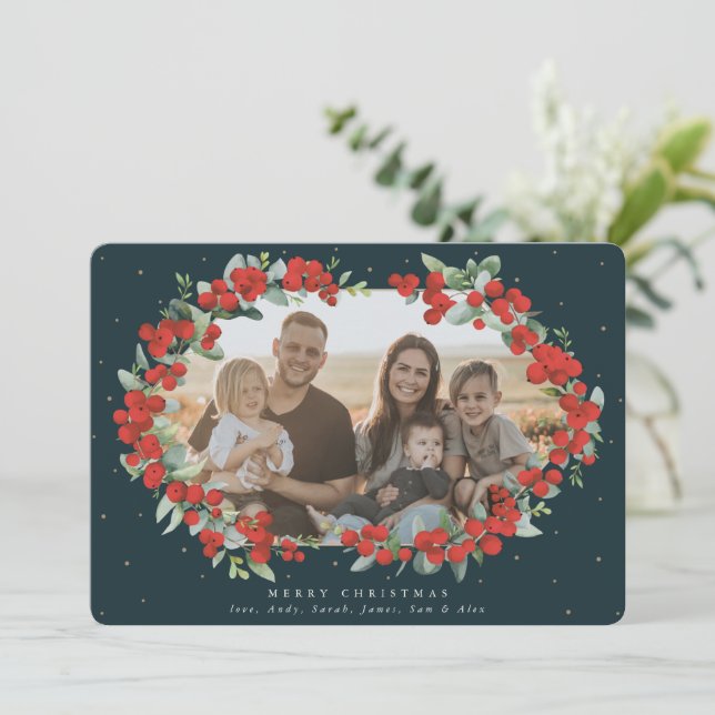 Dark Green Red Berry + Eucalyptus Christmas Photo Holiday Card (Standing Front)