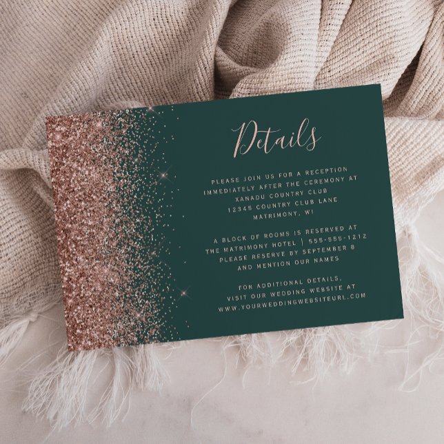 Dark Green Rose Gold Glitter Edge Wedding Details Enclosure Card (Creator Uploaded)