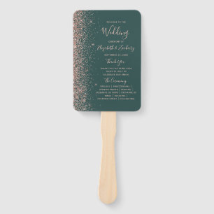 Dark Green Rose Gold Glitter Edge Wedding Program Hand Fan