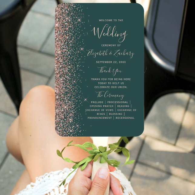 Dark Green Rose Gold Glitter Edge Wedding Program Hand Fan (Creator Uploaded)