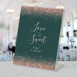Dark Green Rose Gold Glitter Wedding Love Is Sweet Pedestal Sign