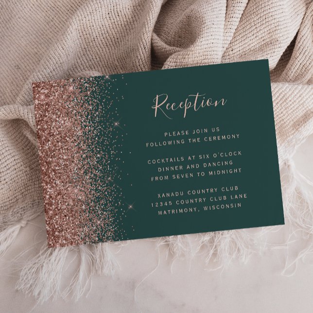 Dark Green Rose Gold Glitter Wedding Reception Enclosure Card (Creator Uploaded)