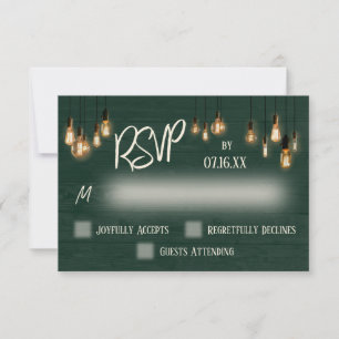Dark Green Rustic Wood and Edison Lights RSVP Card