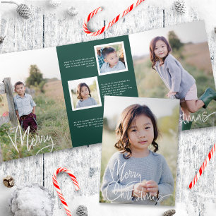 Dark Green + Script Holiday Photo Tri-Fold Card