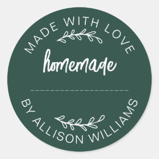 Dark Green Script Made With Love Homemade Food Jar Classic Round Sticker