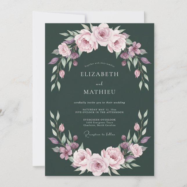 Dark Green Serene Floral Wedding Invitation (Front)