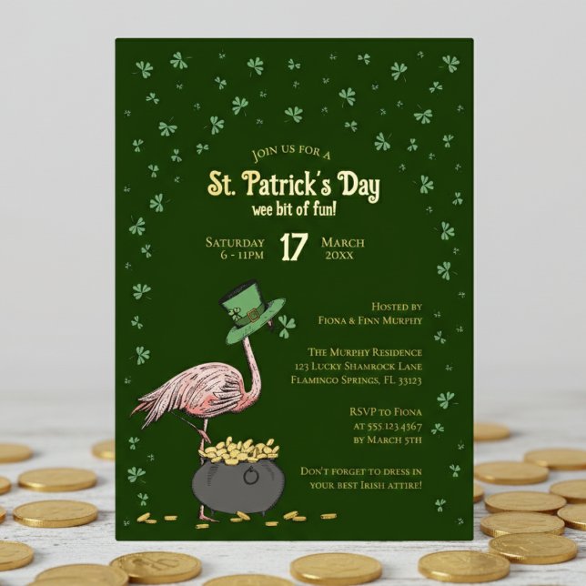Dark Green Shamrock Flamingo St Patrick's Day (Funny Irish Flamingo Dark Green Gold St Patrick's Day Party Invitations. Lucky Green Shamrock Clover)