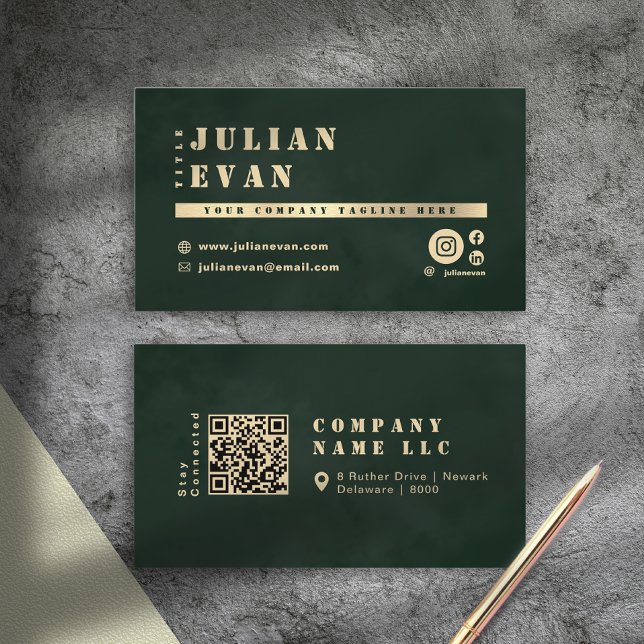 Dark Green Shiny Gold Stencil Bold Typography Business Card (Dark Green Shiny Gold Stencil Bold Typography Business Card)