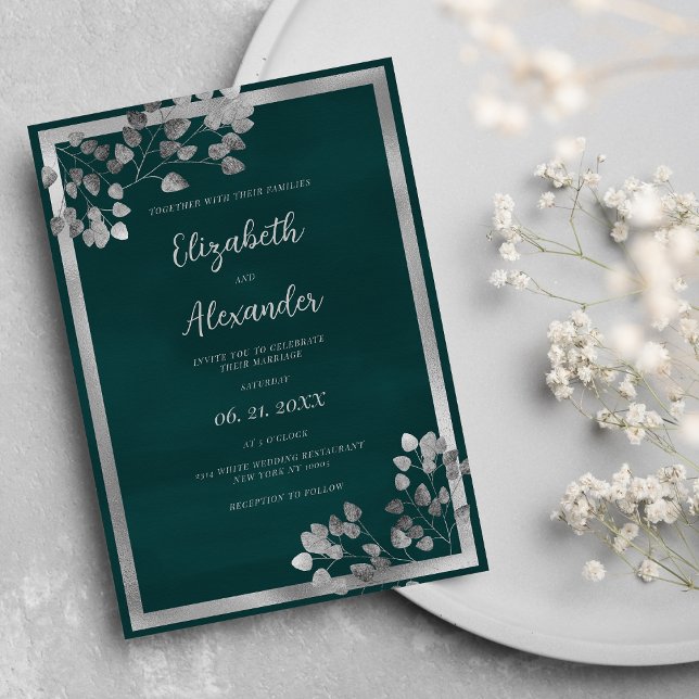 Dark green silver eucalyptus leaf elegant wedding invitation (Dark green silver eucalyptus leaf elegant Wedding)