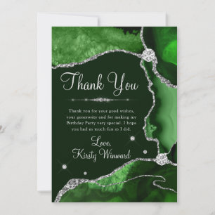 Dark Green & Silver Faux Glitter Agate Birthday Thank You Card