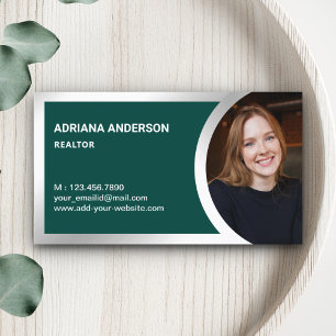 Dark Green Silver Foil Real Estate Photo Realtor Business Card