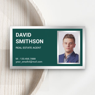Dark Green Silver Foil Real Estate Realtor Photo Business Card