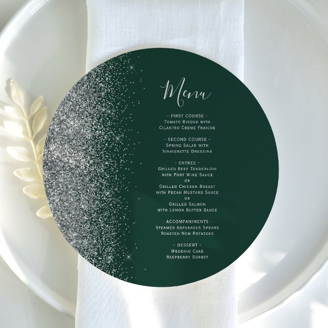 Dark Green Silver Glitter Round Plate Wedding Menu (Creator Uploaded)