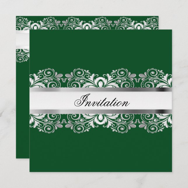 Dark Green & Silver Lace Party Invitations (Front/Back)