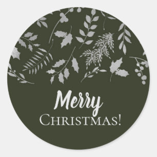 Dark Green & Silver Leaves Botanical Holiday Classic Round Sticker